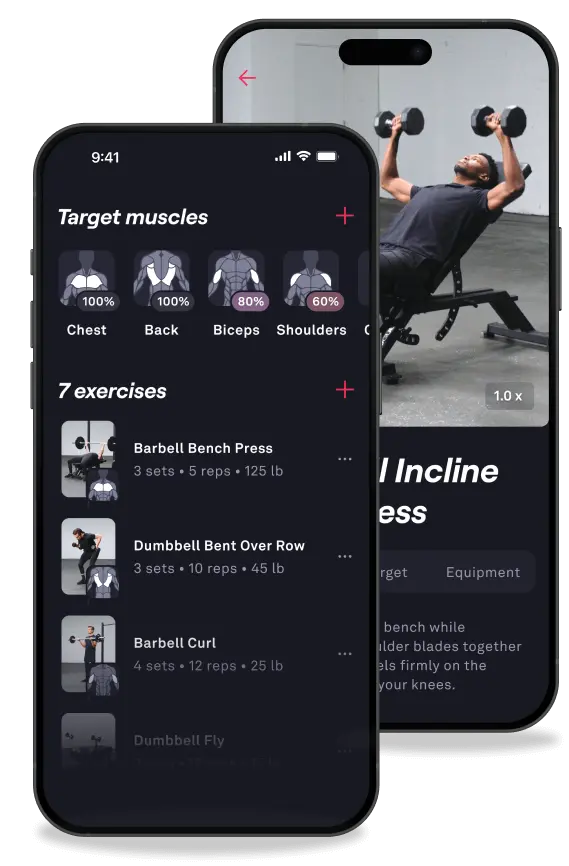Screenshots of the Fitbod mobile app, highlighting its capabilities, showing a workout and exercises being performed.